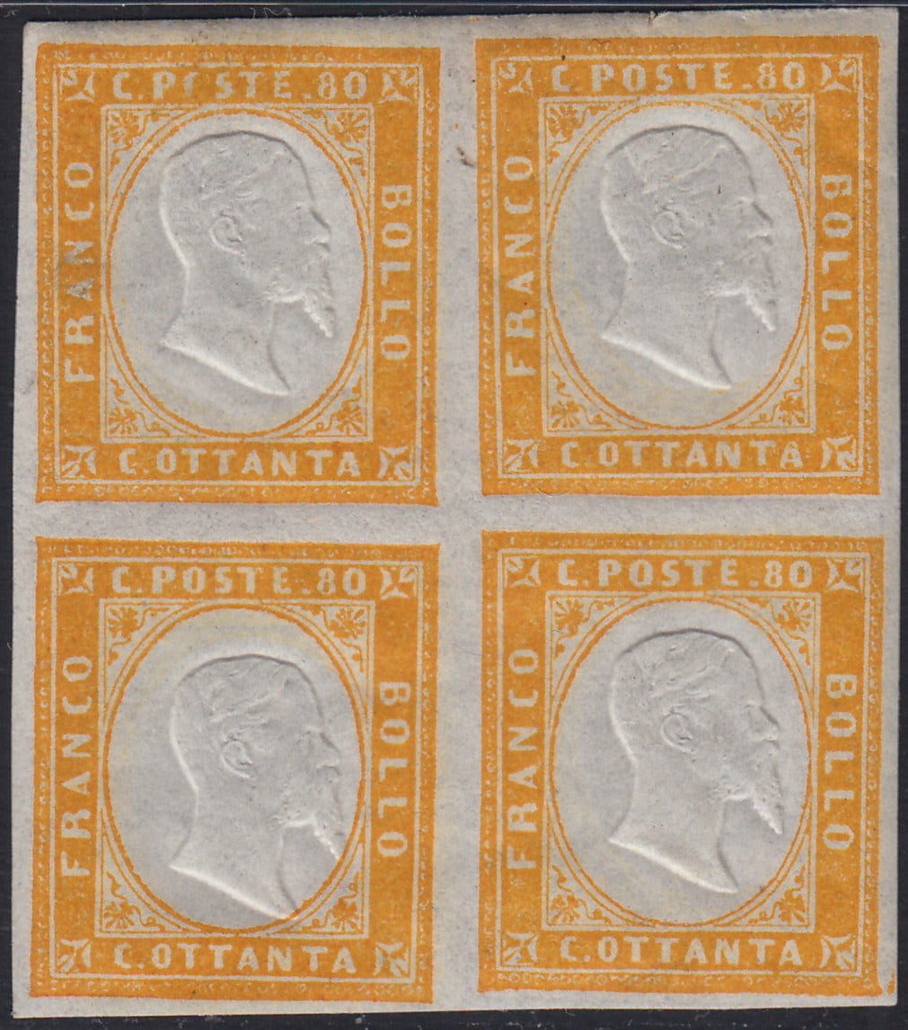 BA25_758 - 1862 - IV emissione c. 80 giallo blocco di 4 esemplari nuovo con gomma integra (17Da)