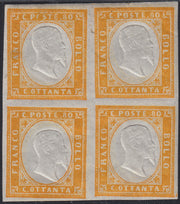 BA25_758 - 1862 - IV emissione c. 80 giallo blocco di 4 esemplari nuovo con gomma integra (17Da)
