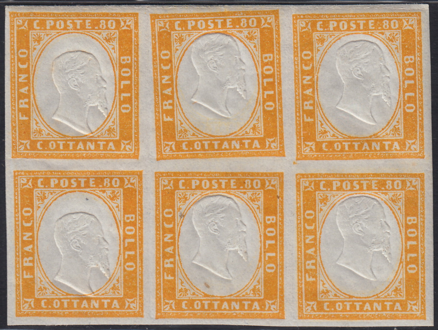 BA25_760 - 1862 - IV emissione c. 80 giallo blocco di 6 esemplari nuovo con gomma integra (17Da)