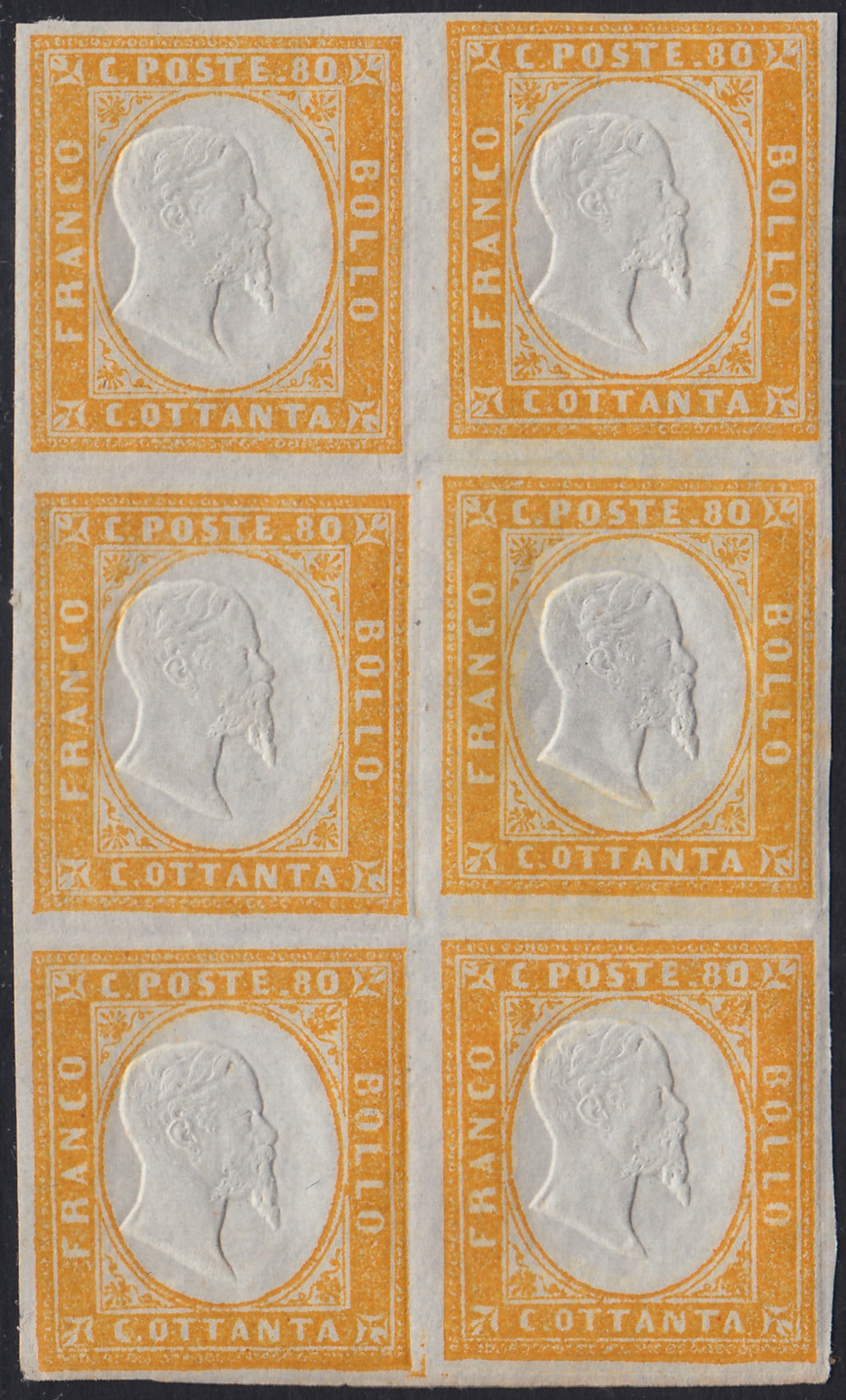 BA25_761 - 1862 - IV emissione c. 80 giallo blocco di 6 esemplari nuovo con gomma integra (17Da)