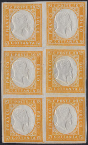 BA25_761 - 1862 - IV emissione c. 80 giallo blocco di 6 esemplari nuovo con gomma integra (17Da)
