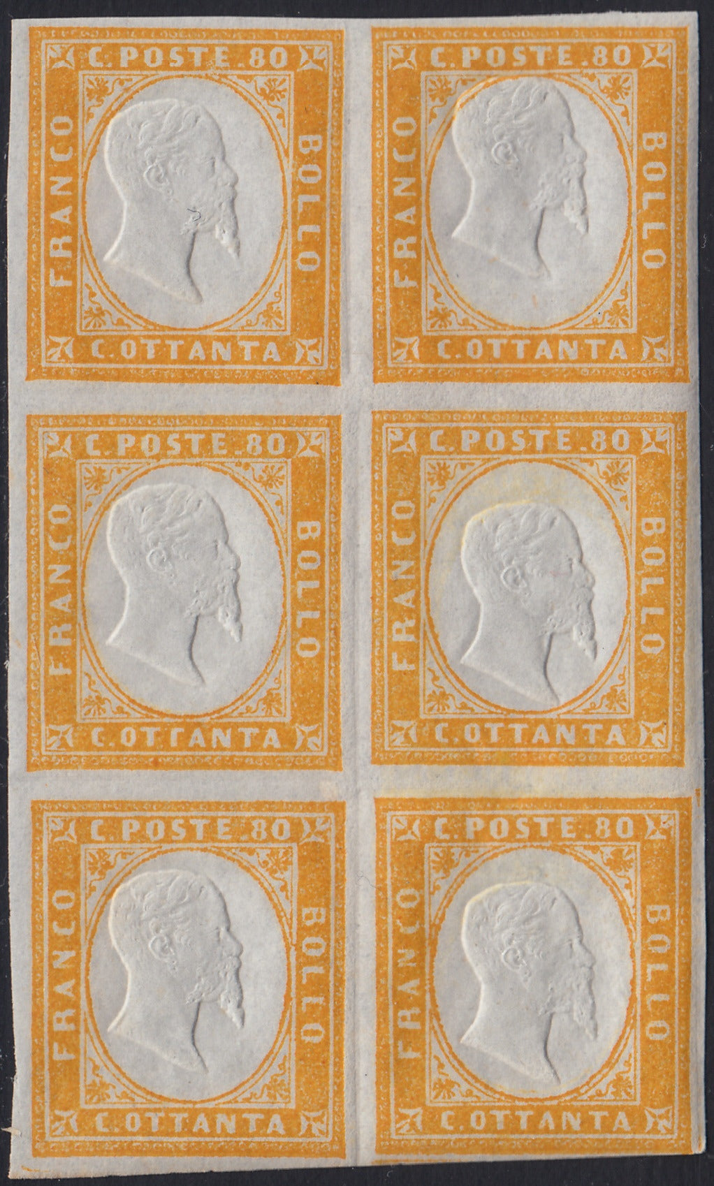 BA25_762 - 1862 - IV emissione c. 80 giallo blocco di 6 esemplari nuovo con gomma integra (17Da)