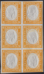 BA25_762 - 1862 - IV emissione c. 80 giallo blocco di 6 esemplari nuovo con gomma integra (17Da)