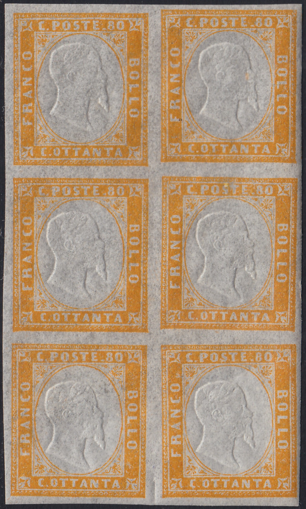 BA25_763 - 1862 - IV emissione c. 80 giallo blocco di 6 esemplari nuovo con gomma integra (17Da)