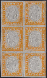 BA25_763 - 1862 - IV emissione c. 80 giallo blocco di 6 esemplari nuovo con gomma integra (17Da)