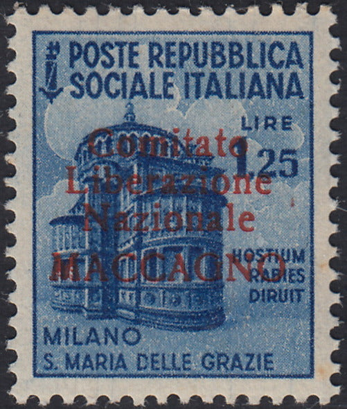 BA26_100 - 1945 - Maccagno, L. 1,25 azzurro con soprastampa carminio "Comitato Liberazione Nazionale MACCAGNO" nuovo con gomma integra (6)