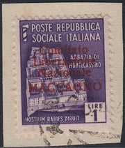 BA26_102 - 1945 - Maccagno, L. 1 violetto con soprastampa carminio "Comitato Liberazione NazioUale MACCAGNO" usato su frammento (5b)