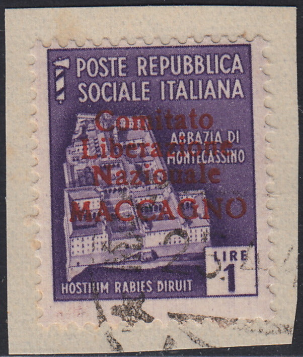 BA26_102 - 1945 - Maccagno, L. 1 violetto con soprastampa carminio "Comitato Liberazione NazioUale MACCAGNO" usato su frammento (5b)