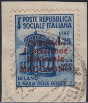 BA26_103 - 1945 - Maccagno, L. 1,25 azzurro con soprastampa carminio "Comitato Liberazione NazioUale MACCAGNO" usato su frammento (6b)