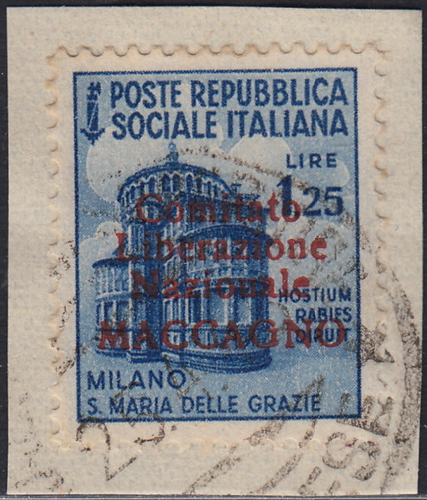 BA26_103 - 1945 - Maccagno, L. 1,25 azzurro con soprastampa carminio "Comitato Liberazione NazioUale MACCAGNO" usato su frammento (6b)