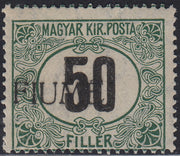 BA26_107 - 1918 - Segnatasse d'Ungheria 50 filler nero e verde filigrana C con soprastampa FIUME a macchina fortemente spostata a sinistra (C3ca)