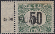 BA26_108 - 1918 - Segnatasse d'Ungheria 50 filler nero e verde filigrana C con soprastampa FIUME a macchina fortemente spostata a sinistra gomma integra (C3ca)