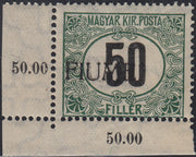 BA26_109 - 1918 - Segnatasse d'Ungheria 50 filler nero e verde filigrana C con soprastampa FIUME a macchina fortemente spostata a sinistra gomma integra (C3ca)