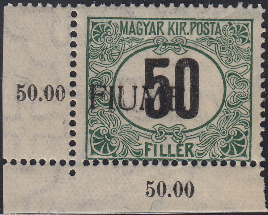 BO23-24 - 1918 - Hungarian tax postmarks 50 black and green filler watermark C with machine-made FIUME overprint used (C3).