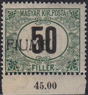BA26_110 - 1918 - Segnatasse d'Ungheria 50 filler nero e verde filigrana C con soprastampa FIUME a macchina fortemente spostata a sinistra gomma integra (C3ca)