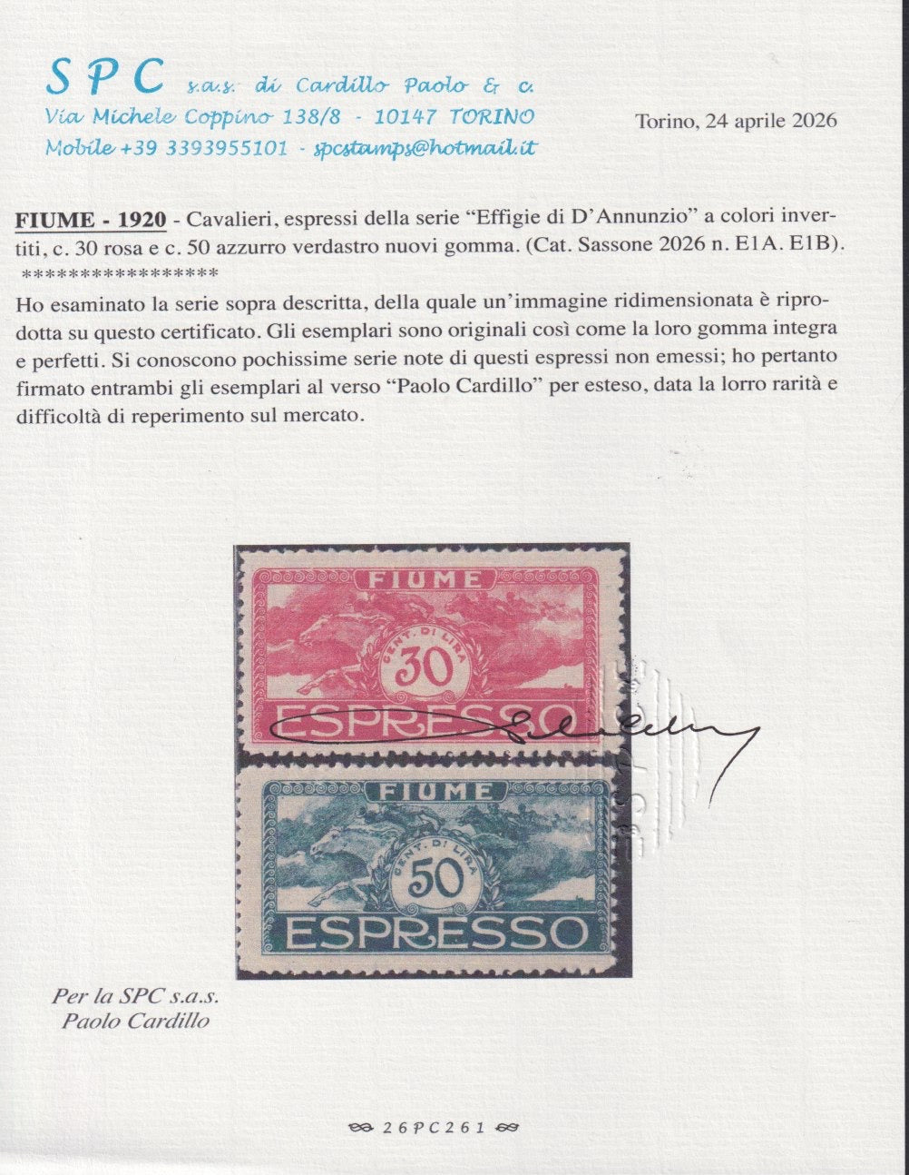BA26_111 - 1920 - Cavalieri, espressi della serie "Effigie di d'Annunzio" in colori invertiti, c. 30 rosa carminio e c. 50 azzurro nuovi gomma integra (E1A, E2A)