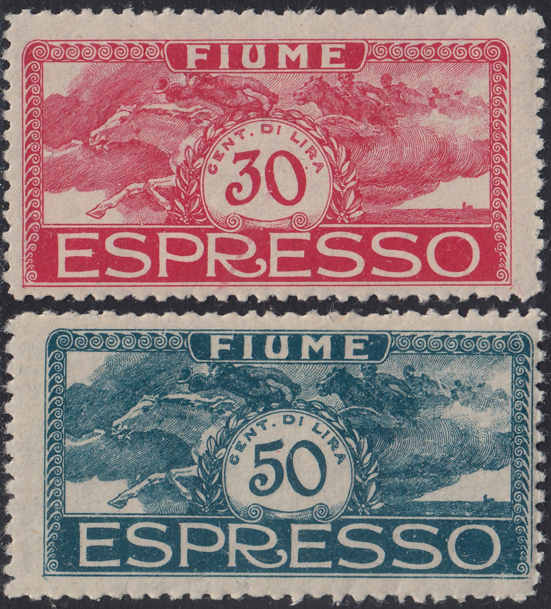 BA26_112 - 1920 - Cavalieri, espressi della serie "Effigie di d'Annunzio" in colori invertiti, c. 30 rosa carminio e c. 50 azzurro nuovi gomma integra (E1A, E2A)