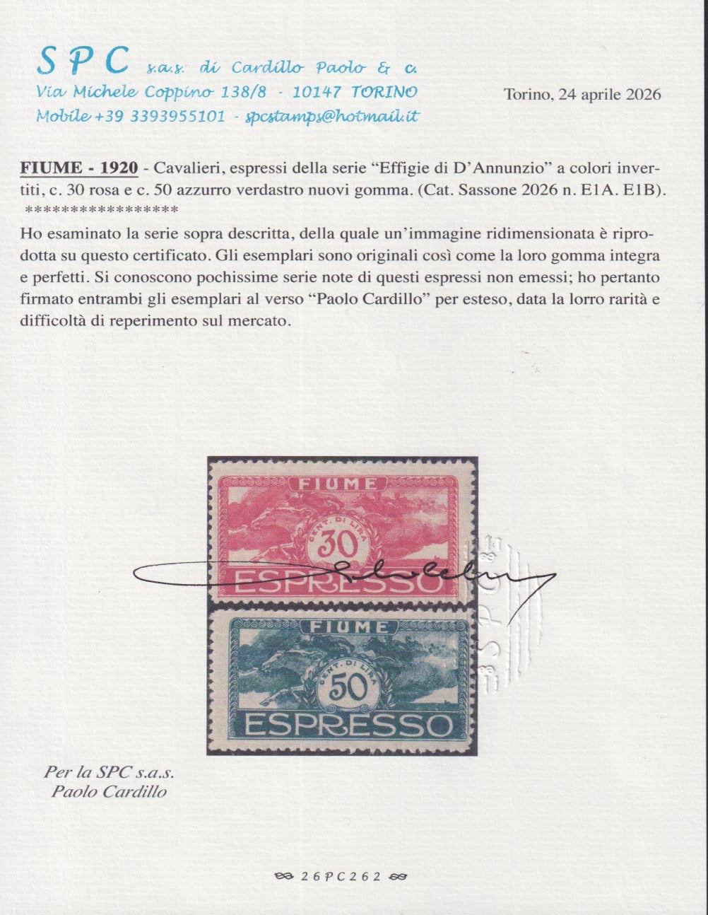 BA26_112 - 1920 - Cavalieri, espressi della serie "Effigie di d'Annunzio" in colori invertiti, c. 30 rosa carminio e c. 50 azzurro nuovi gomma integra (E1A, E2A)