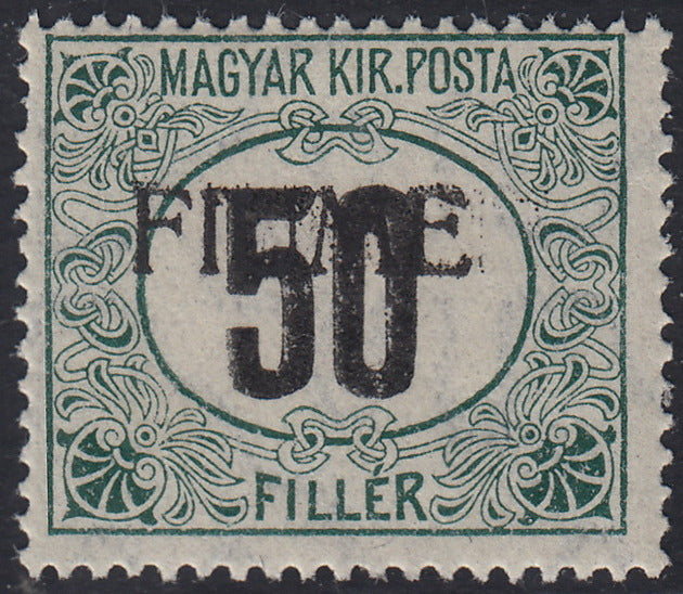 BO23-24 - 1918 - Matasellos fiscales húngaros 50 filigrana de relleno negro y verde C con sobreimpresión FIUME hecha a máquina utilizada (C3).