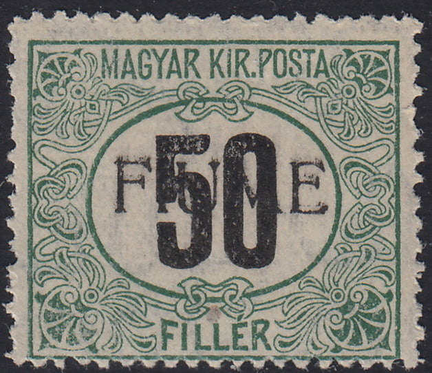 BO23-24 - 1918 - Matasellos fiscales húngaros 50 filigrana de relleno negro y verde C con sobreimpresión FIUME hecha a máquina utilizada (C3).