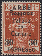 BA26_116 - 1920 - Legionari di Fiume soprastampati "Reggenza Italiana del Carnaro" e ARBE, ESPRESSO c. 30 su c. 20 ocra nuovo con gomma originale (1)