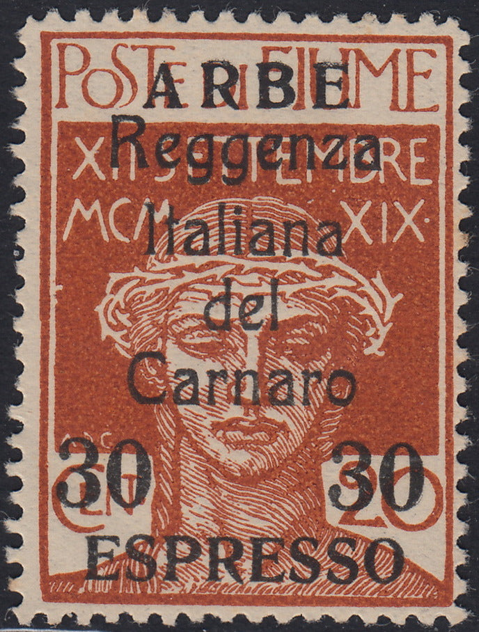 BA26_116 - 1920 - Legionari di Fiume soprastampati "Reggenza Italiana del Carnaro" e ARBE, ESPRESSO c. 30 su c. 20 ocra nuovo con gomma originale (1)