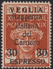 BA26_117 - 1920 - Legionari di Fiume soprastampati "Reggenza Italiana del Carnaro" e VEGLIA, Espresso c. 30 su c. 20 ocra nuovo gomma originale (1)