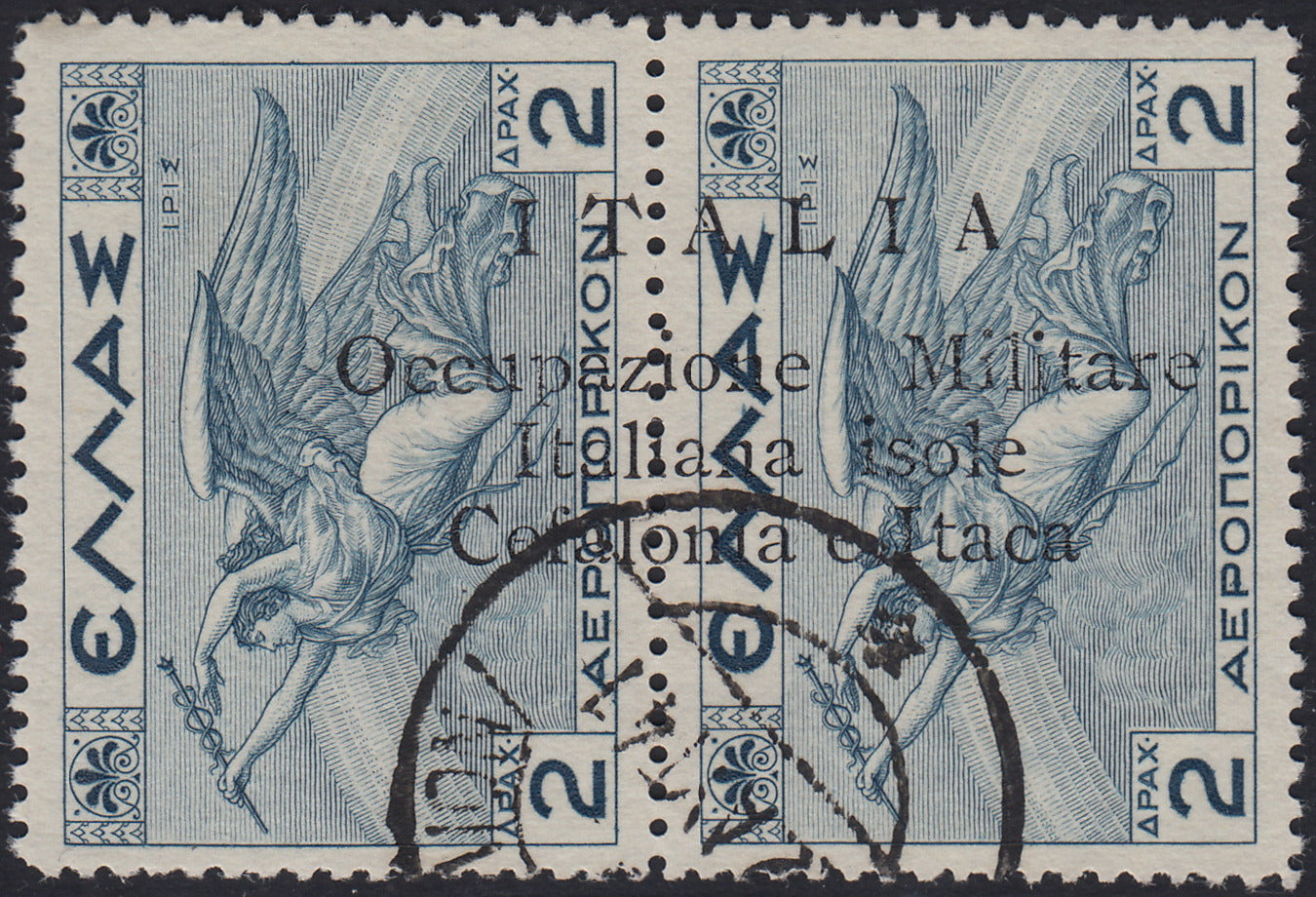 Sello griego de la serie Mitológica, 5 + 5 Lepta marrón, rojo y azul, con sobreimpresión a mano de Argostoli (56b) usado
