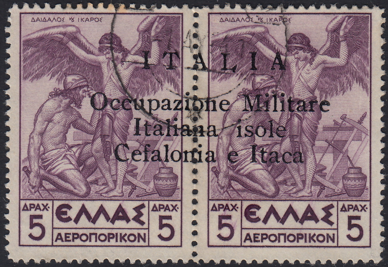Sello griego de la serie Mitológica, 5 + 5 Lepta marrón, rojo y azul, con sobreimpresión a mano de Argostoli (56b) usado
