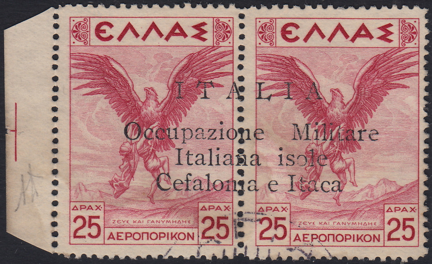 Sello griego de la serie Mitológica, 5 + 5 Lepta marrón, rojo y azul, con sobreimpresión a mano de Argostoli (56b) usado