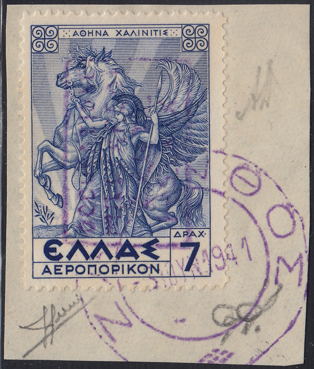 BA26_129 - 1941 - Posta Aerea di Grecia 7 dracme azzurro soprastampa di Zante usato (4)