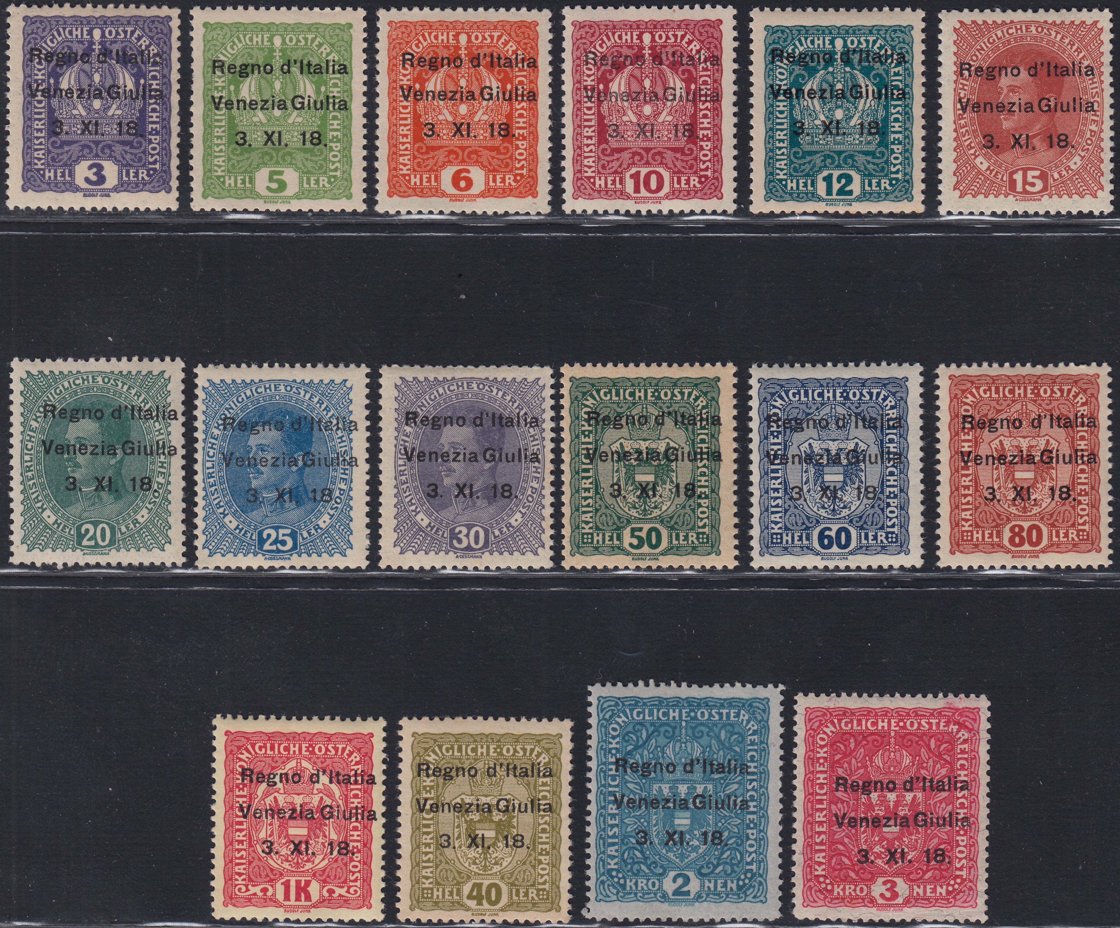 BA26_130 - 1918 - Francobolli d'Austria  con soprastampa "Venezia Giulia" serie di 16 esemplari nuovi con gomma integra, i due alti valori con TL (1/16)