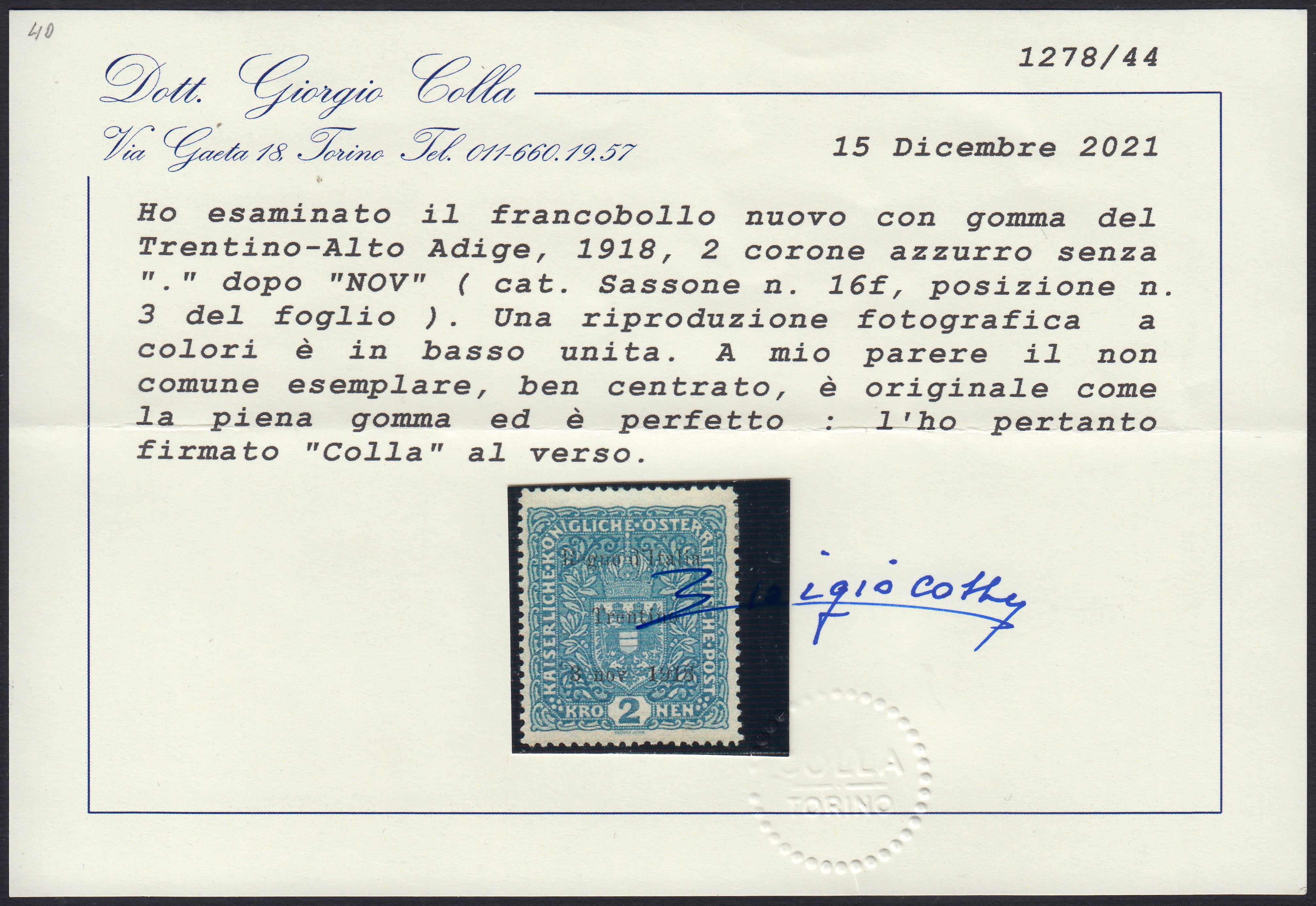BA26_131 - 1918 - Francobolli d'Austria soprastampati "Regno d'Italia / Trentino / 8 nov. 1918", 2 korone azzurro con varietà "senza punto dopo NOV" nuovo con gomma originale (16f)