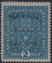 BA26_132 - 1918 - Francobolli d'Austria soprastampati "Regno d'Italia / Trentino / 8 nov. 1918", 2 korone azzurro nuovo con gomma integra (16)