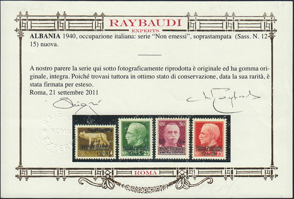 BA26_138 - 1940 -  Occupazione Italiana dell'Albania, Imperiale soprastampata "Regno d'Albania", serie completa di quattro valori non emessi nuovi gomma integra (12/15)