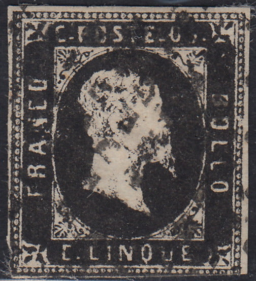 BA26_13 - 1851 - I emissione c. 5 nero usato con annullo a rombi, il numero 1 di Sardegna! (1).