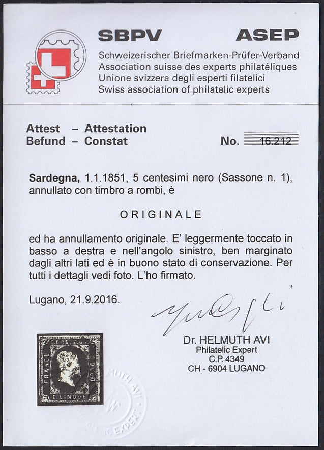 BA26_13 - 1851 - I emissione c. 5 nero usato con annullo a rombi, il numero 1 di Sardegna! (1).