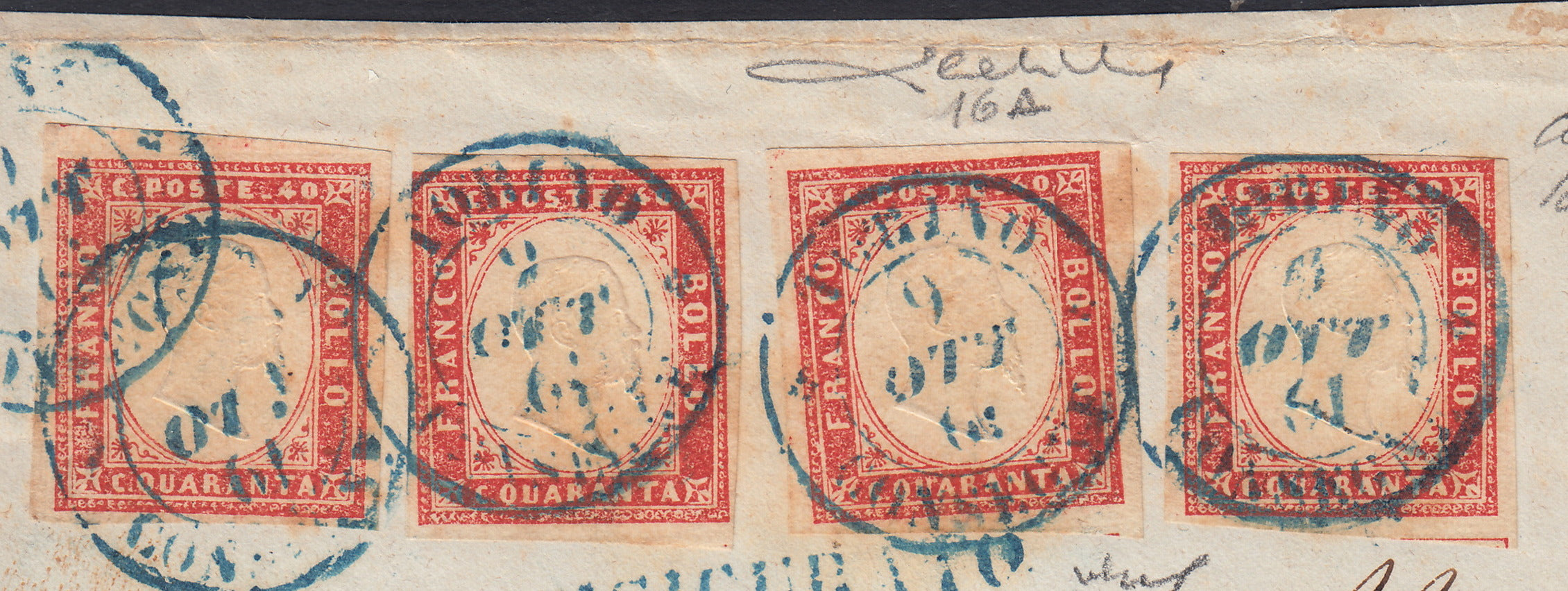BA26_145 - 1862 - IV emissione c. 40 rosso scarlatto quattro esemplari su fronte di lettera assicurata da Torino per Aix 9/10/61 (16A).