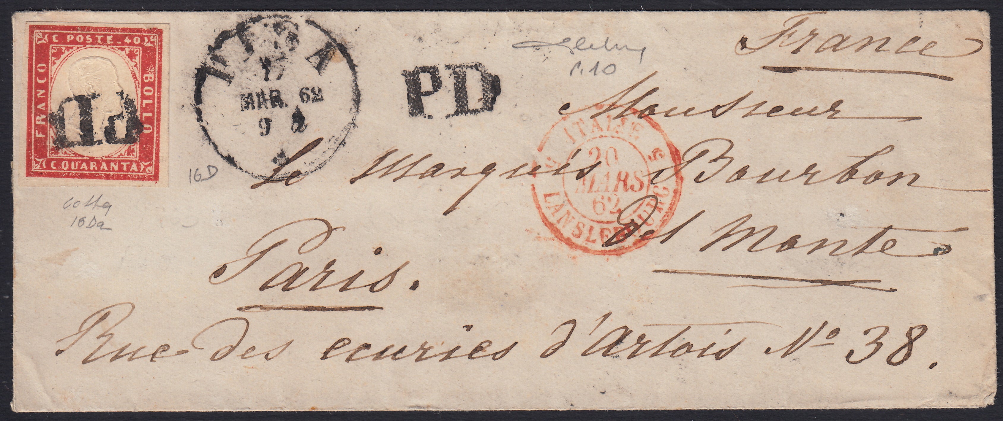 BA26_147 - 1862 - IV emissione c. 40 rosso carminio tiratura 1861 isolato su lettera da PISA per Parigi 17/3/62, annullo P.D. punti 10 (16D)