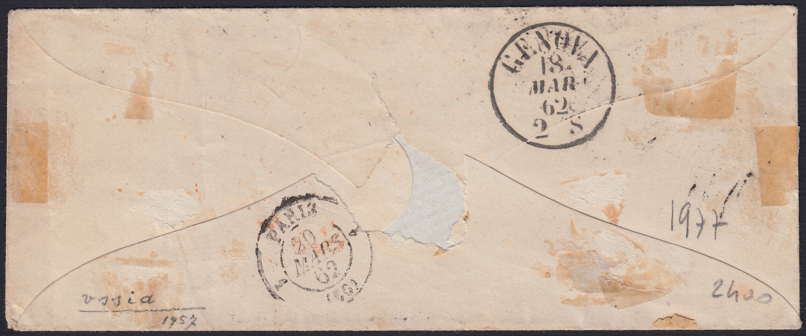BA26_147 - 1862 - IV emissione c. 40 rosso carminio tiratura 1861 isolato su lettera da PISA per Parigi 17/3/62, annullo P.D. punti 10 (16D)