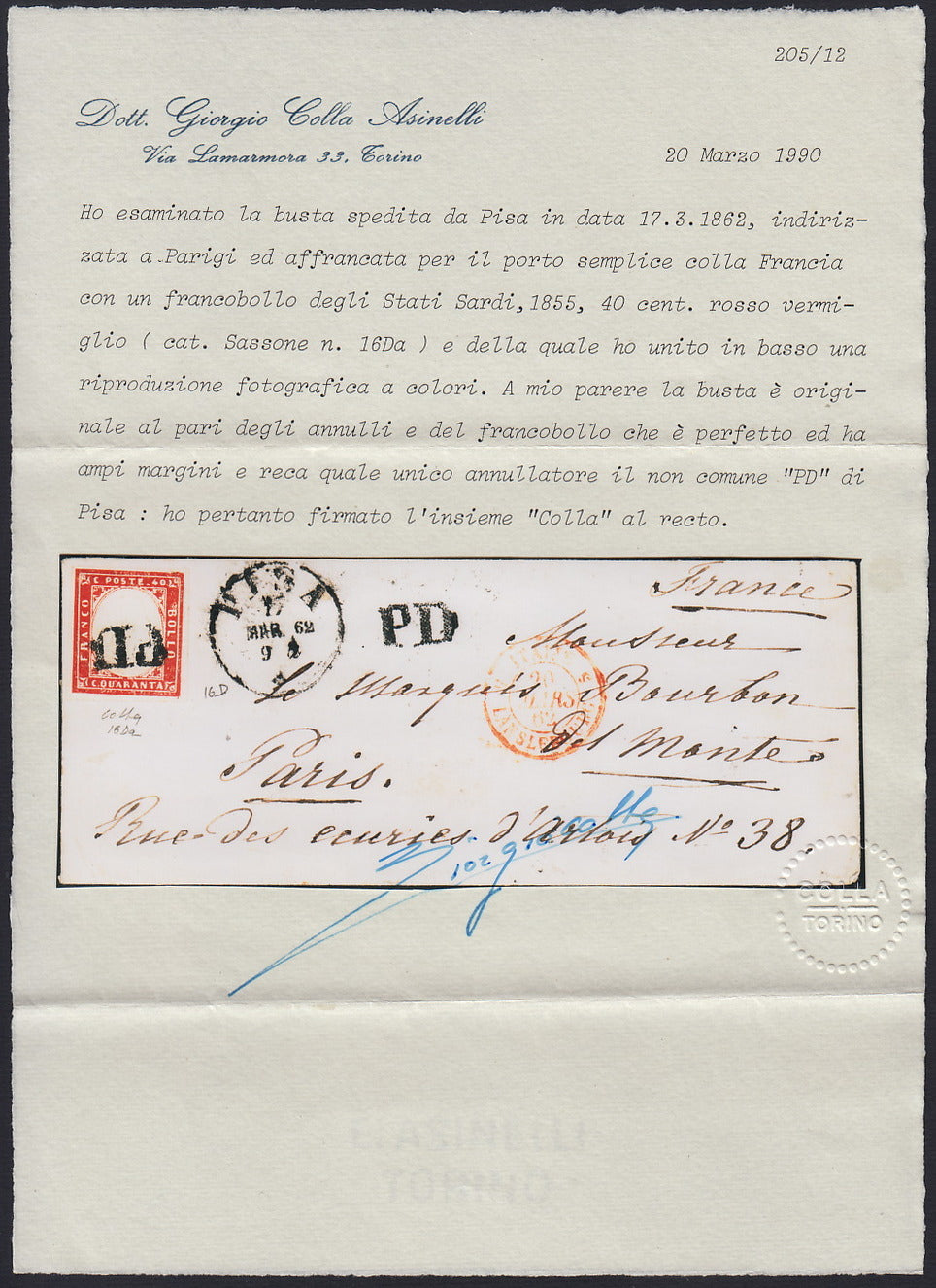 BA26_147 - 1862 - IV emissione c. 40 rosso carminio tiratura 1861 isolato su lettera da PISA per Parigi 17/3/62, annullo P.D. punti 10 (16D)