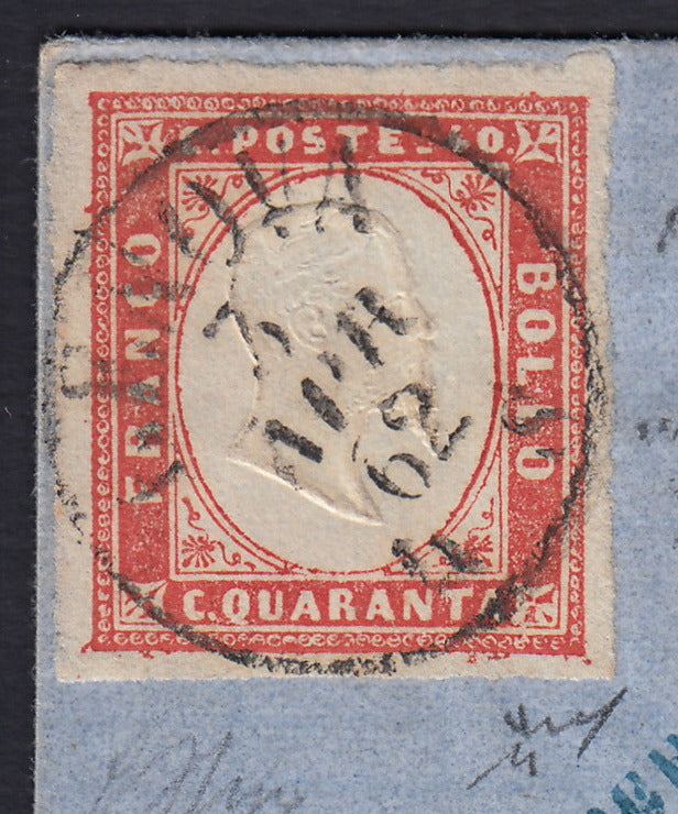 BA26_153 - 1862 - IV emissione c. 40 rosso vermiglio chiarissimo tiratura 1861 isolato su lettera da Genova per Lione 3/4/62, colore bellissimo di nuova catalogazione (16Daa)