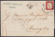 BA26_154 - 1862 - IV emissione c. 40 rosso carminio tiratura 1861 isolato su lettera da PARMA per Marsiglia 14/12/63 (16D, p.ti 12 + Dicembre 63)