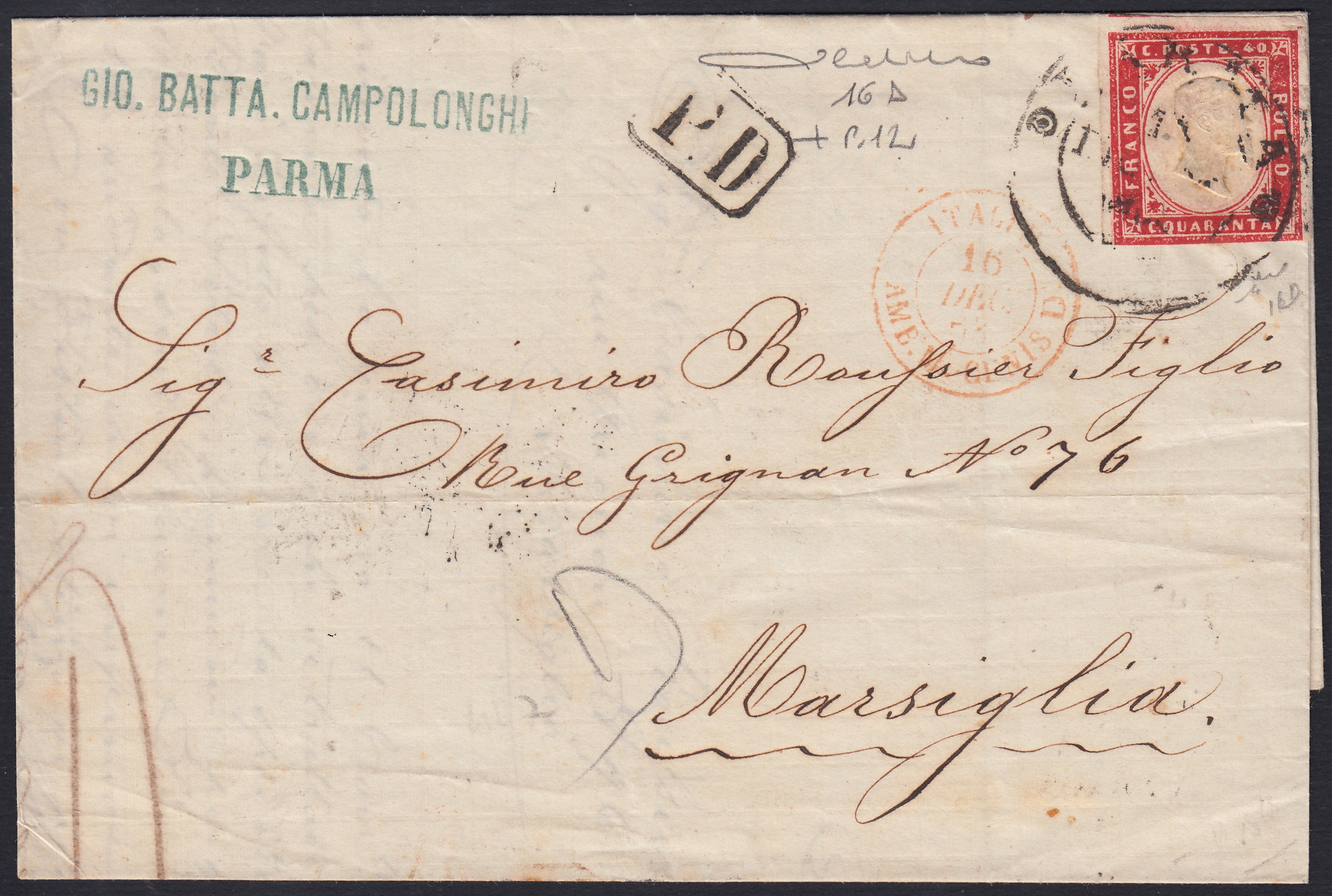 BA26_154 - 1862 - IV emissione c. 40 rosso carminio tiratura 1861 isolato su lettera da PARMA per Marsiglia 14/12/63 (16D, p.ti 12 + Dicembre 63)