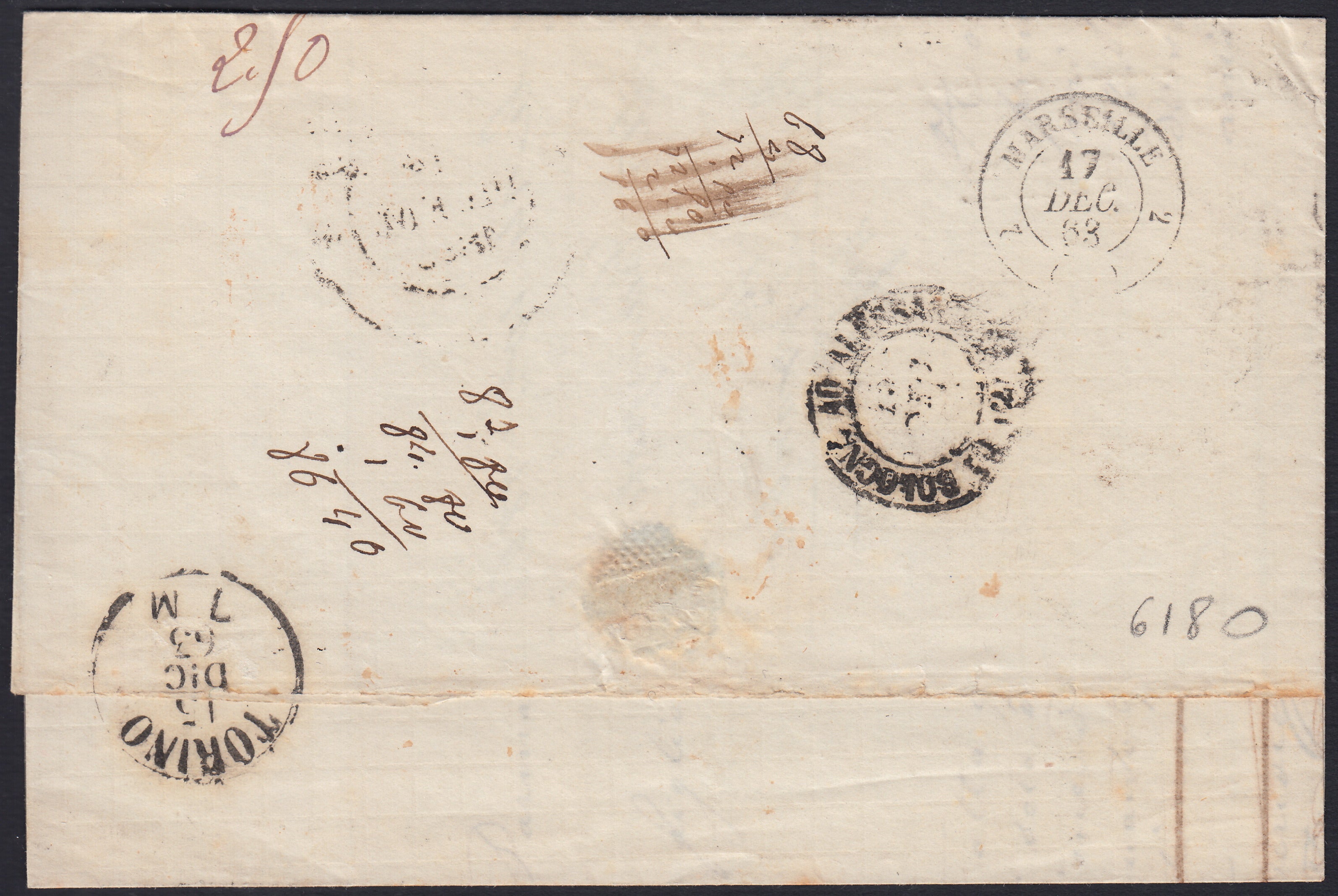 BA26_154 - 1862 - IV emissione c. 40 rosso carminio tiratura 1861 isolato su lettera da PARMA per Marsiglia 14/12/63 (16D, p.ti 12 + Dicembre 63)