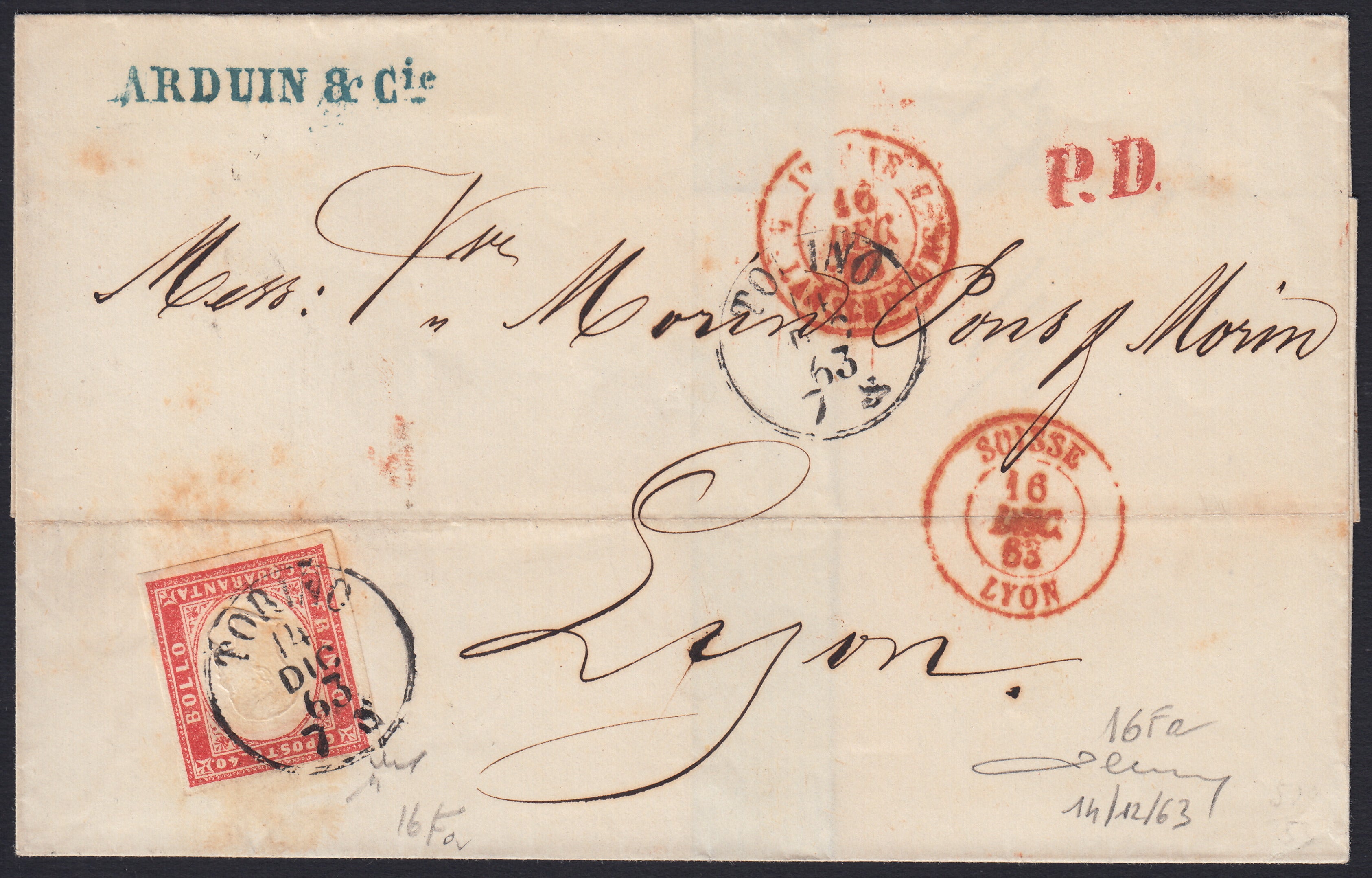 BA26_155 - 1863 - IV emissione c. 40 rosa vermiglio smorto tiratura 1863 isolato su lettera da Torino per Lione 14/12/63, ultimo mese di validità postale (16Fa)