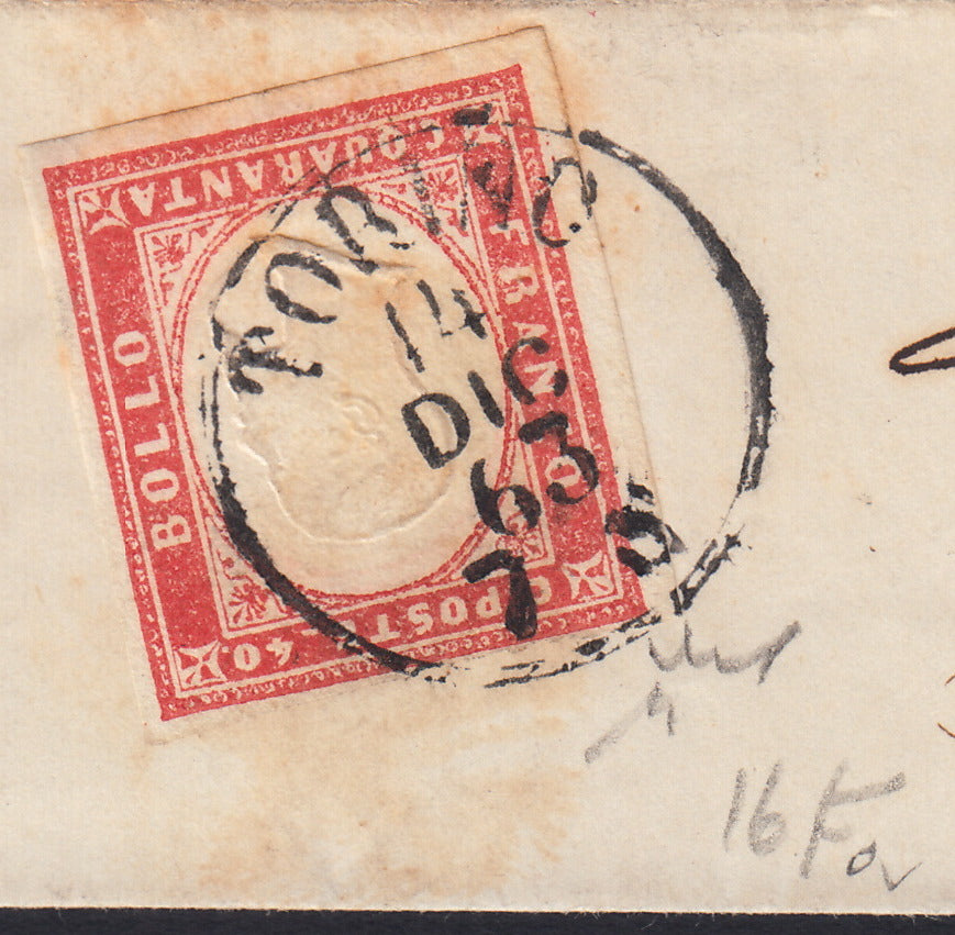 BA26_155 - 1863 - IV emissione c. 40 rosa vermiglio smorto tiratura 1863 isolato su lettera da Torino per Lione 14/12/63, ultimo mese di validità postale (16Fa)