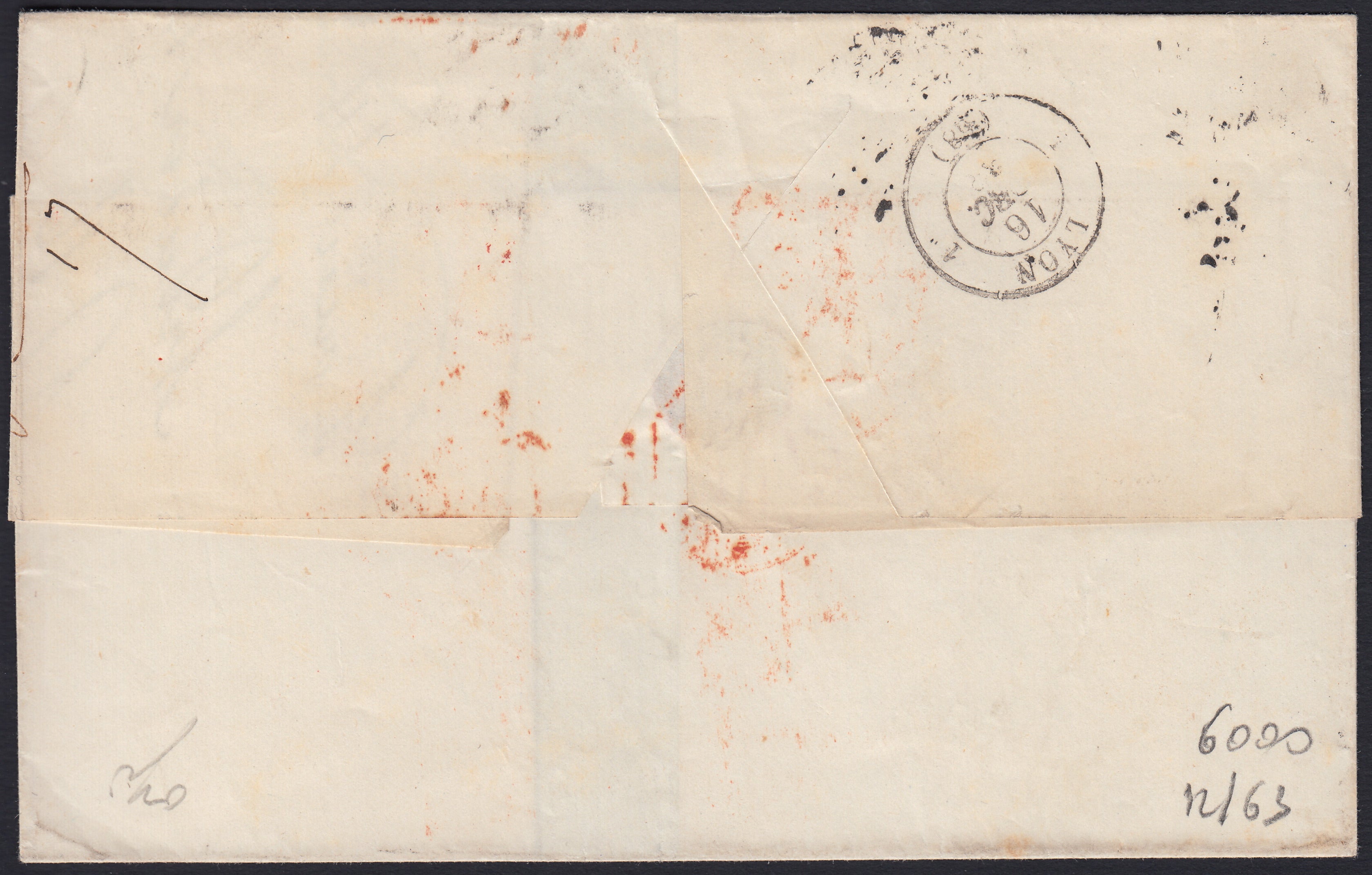 BA26_155 - 1863 - IV emissione c. 40 rosa vermiglio smorto tiratura 1863 isolato su lettera da Torino per Lione 14/12/63, ultimo mese di validità postale (16Fa)