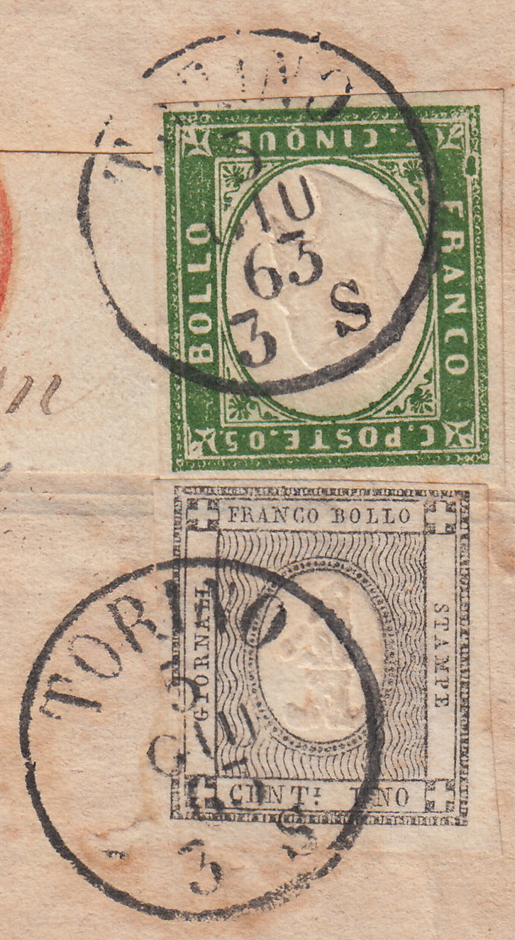 BA26_157 - 1863 - Circolare a stampa spedita da Torino per Lione 3/6/63, affrancata con c. 1 grigio nero + c.5 verde giallastro (19 + 13Da)