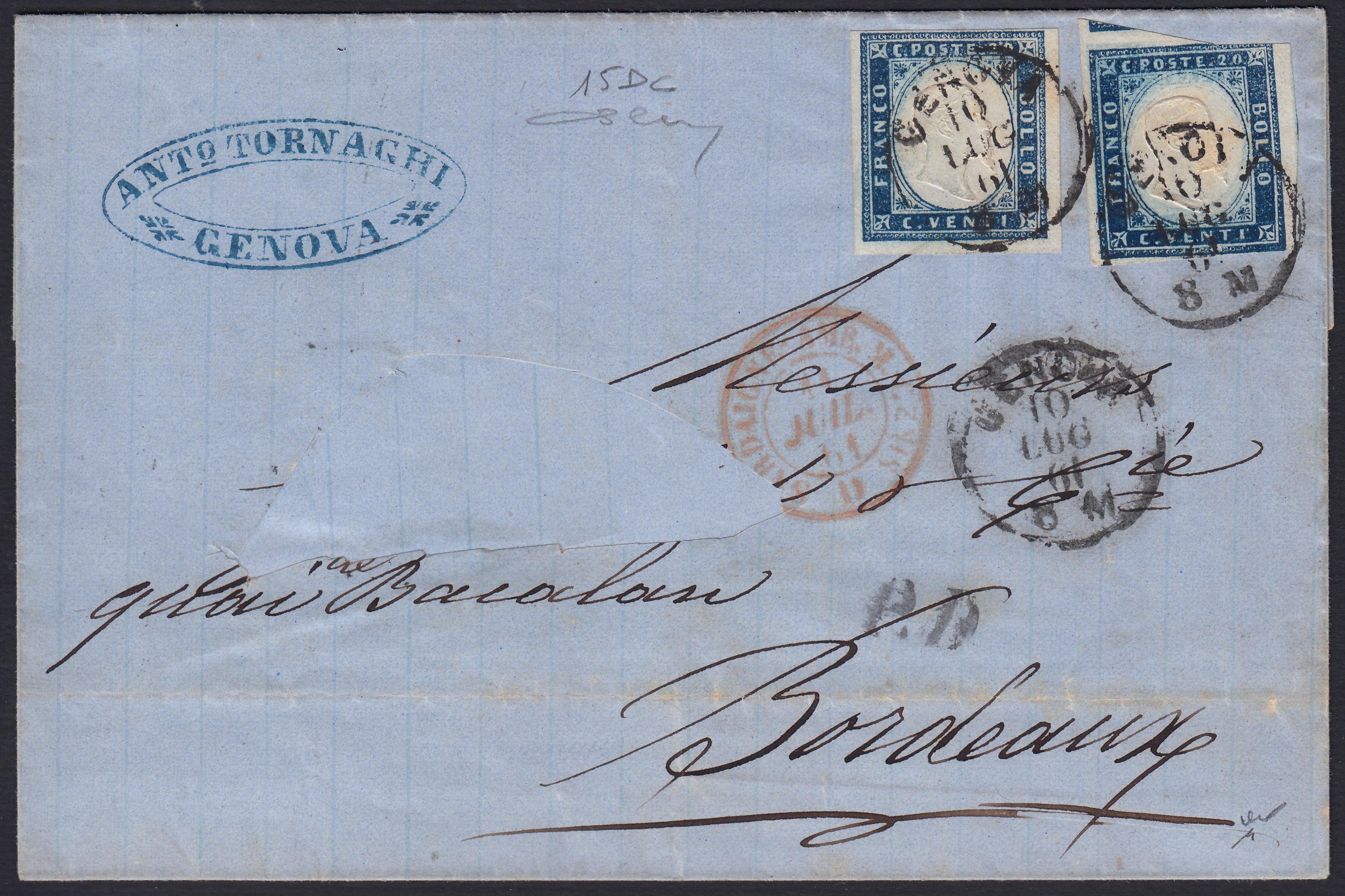BA26_161 - 1861 - Lettera spedita da Genova per Bordeaux 10/7/61 affrancata con c. 20 azzurro oltremare due valori (15Da)